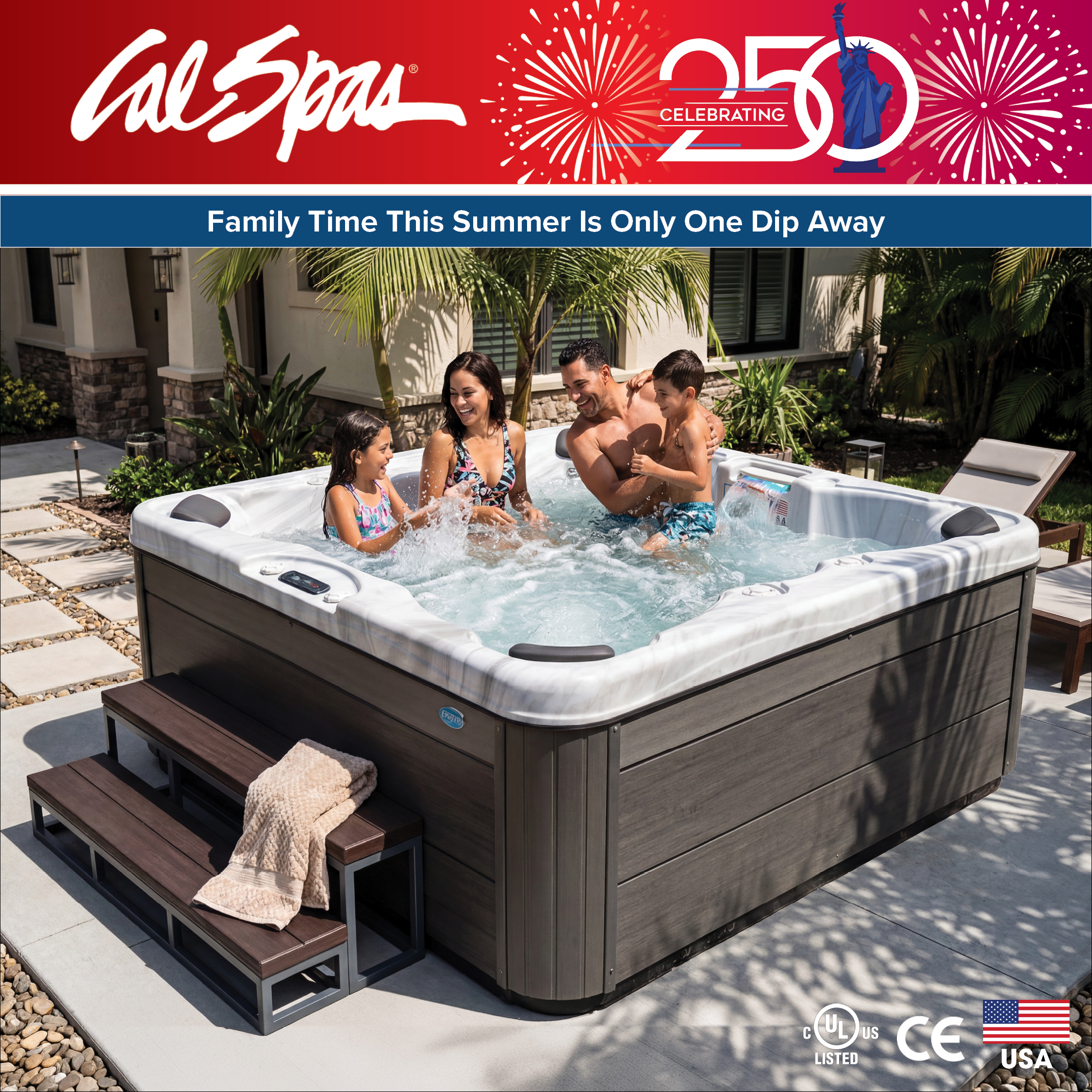 Calspas hot tub being used in a family setting - Bemus Point